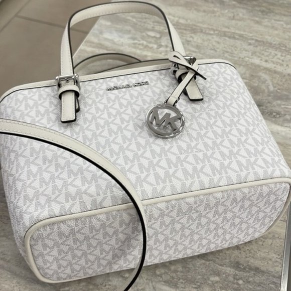 Michael Kors Jet Set Travel Extra-Small Logo Top-Zip Tote Bag Optic White Multi - Picture 5 of 16